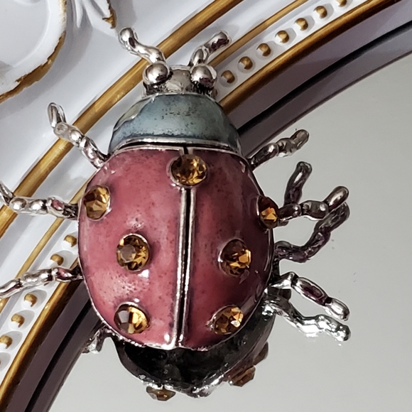 Ladybug dome brooch pin enamel crystals silver sparkly New vtg style - Picture 7 of 15